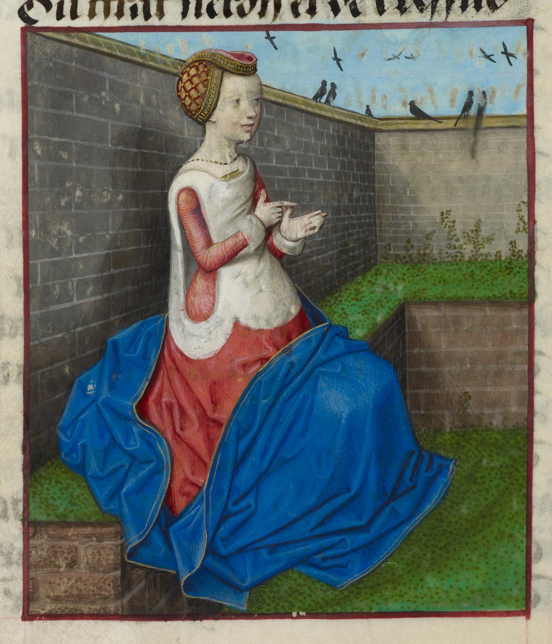 Detalj av en miniatyr av en sittande kvinna i en muromgärdad trädgård, räknat på hennes fingrar, från "Le Roman de la Rose" av Unknown artist