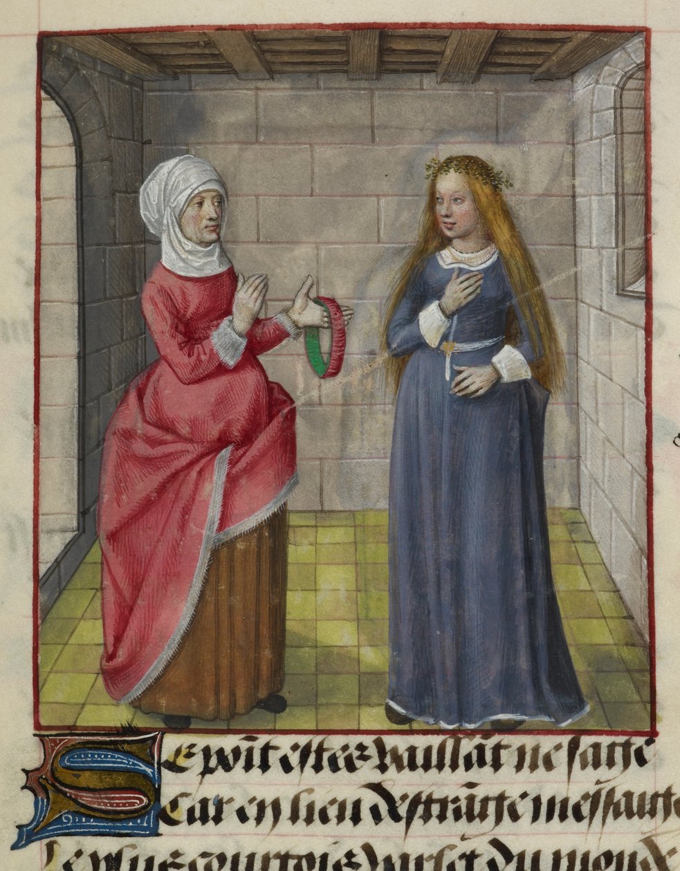 Detalj av en miniatyr av la Vieille (Duenna) och Bel Accueil (Fair Welcome), från "Le Roman de la Rose" av Unknown artist