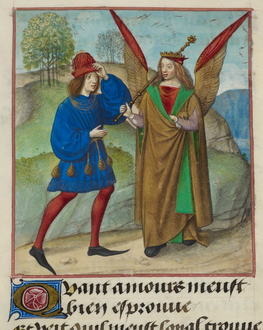 Detalj av en miniatyr av Lover och Amour (Kärlek), ur "Le Roman de la Rose av Unknown artist