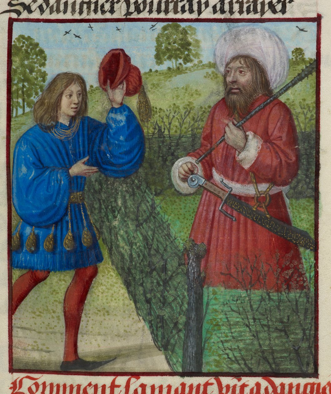 Detalj av en miniatyr av älskaren som hälsar faran, från "Le Roman de la Rose" av Unknown artist