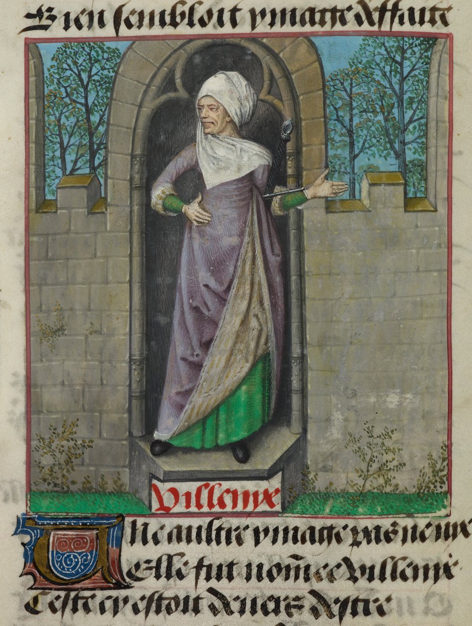 Detalj av en miniatyr av den allegoriska gestalten Vilenie (Villainy), i den andra kolumnen av folion, från "Le Roman de la Rose" av Unknown artist
