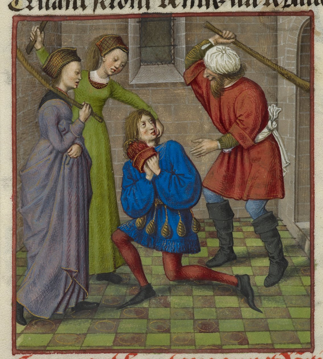 Detalj av en miniatyr som visar Honte, Peur och Danger attackera älskaren, från "Le Roman de la Rose" av Unknown artist