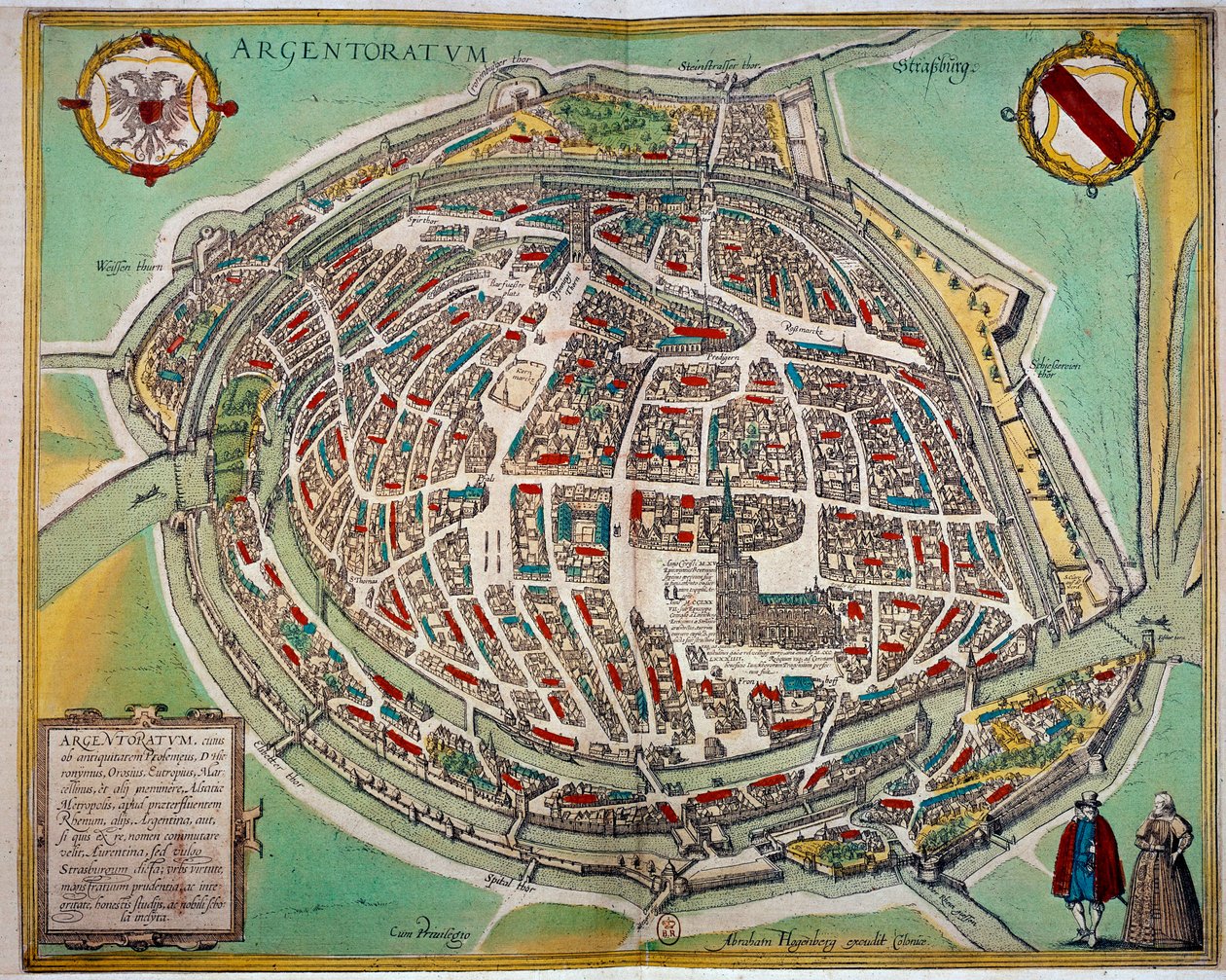Detaljerad karta över staden Strasbourg gjord av Abraham Hogenberg (ca 1608-1653). Gravyr av 1600-talets Paris B.N. av Unknown artist