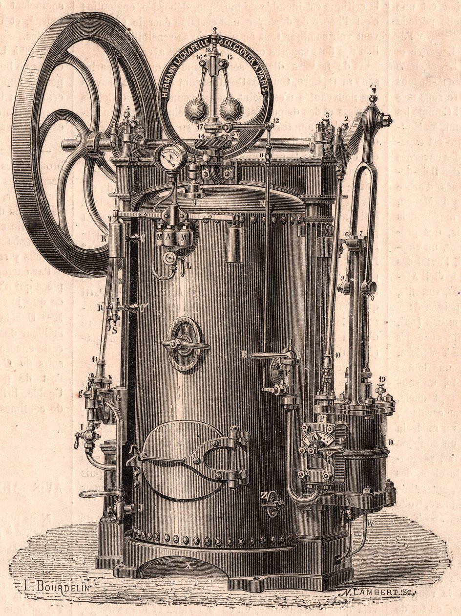 Detaljerad teknisk vy av en liten ångmaskin tillverkad i Paris 1866: panna, cylinder, kolv, vevstake och svänghjul av Unknown