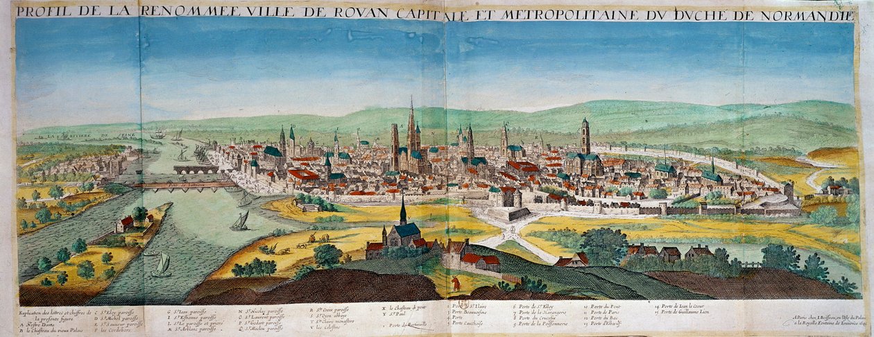 Detaljerad vy över staden Rouen i Normandie. Gravyr från 1600-talet. Paris B.N. av Unknown artist