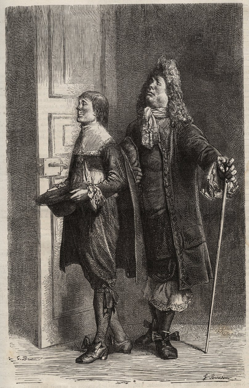 Diafoirus pere et fils - gravyr för "" The Imaginary Malad"" av Jean Baptiste Poquelin dit Moliere (1622-1673) (The Imaginary Invalid) av Unknown artist