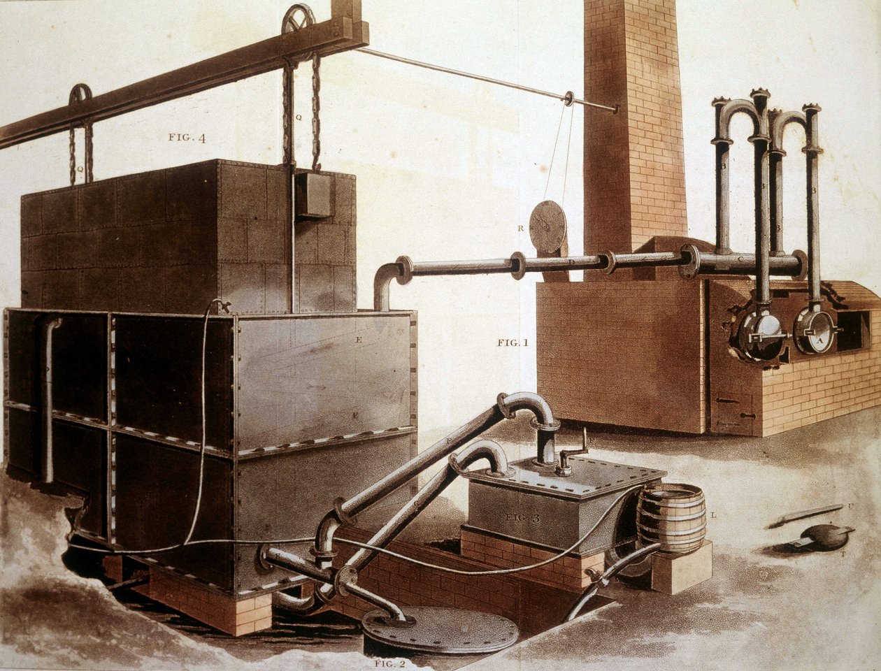 Diagram som förklarar produktionen av kolgas, London 1815. av Unknown artist