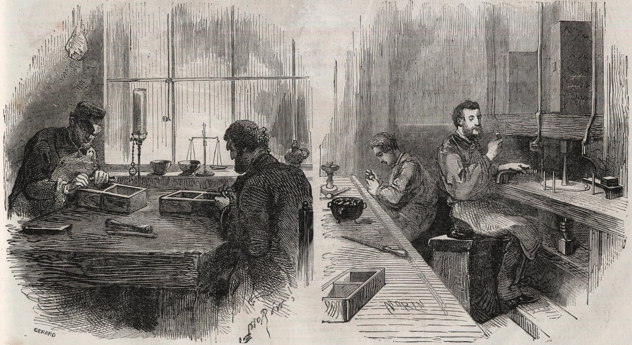 Diamantskärning i en verkstad i Nederländerna: klyvar och polermaskiner - Gravering i "" Le Monde Illustré"" av Unknown artist