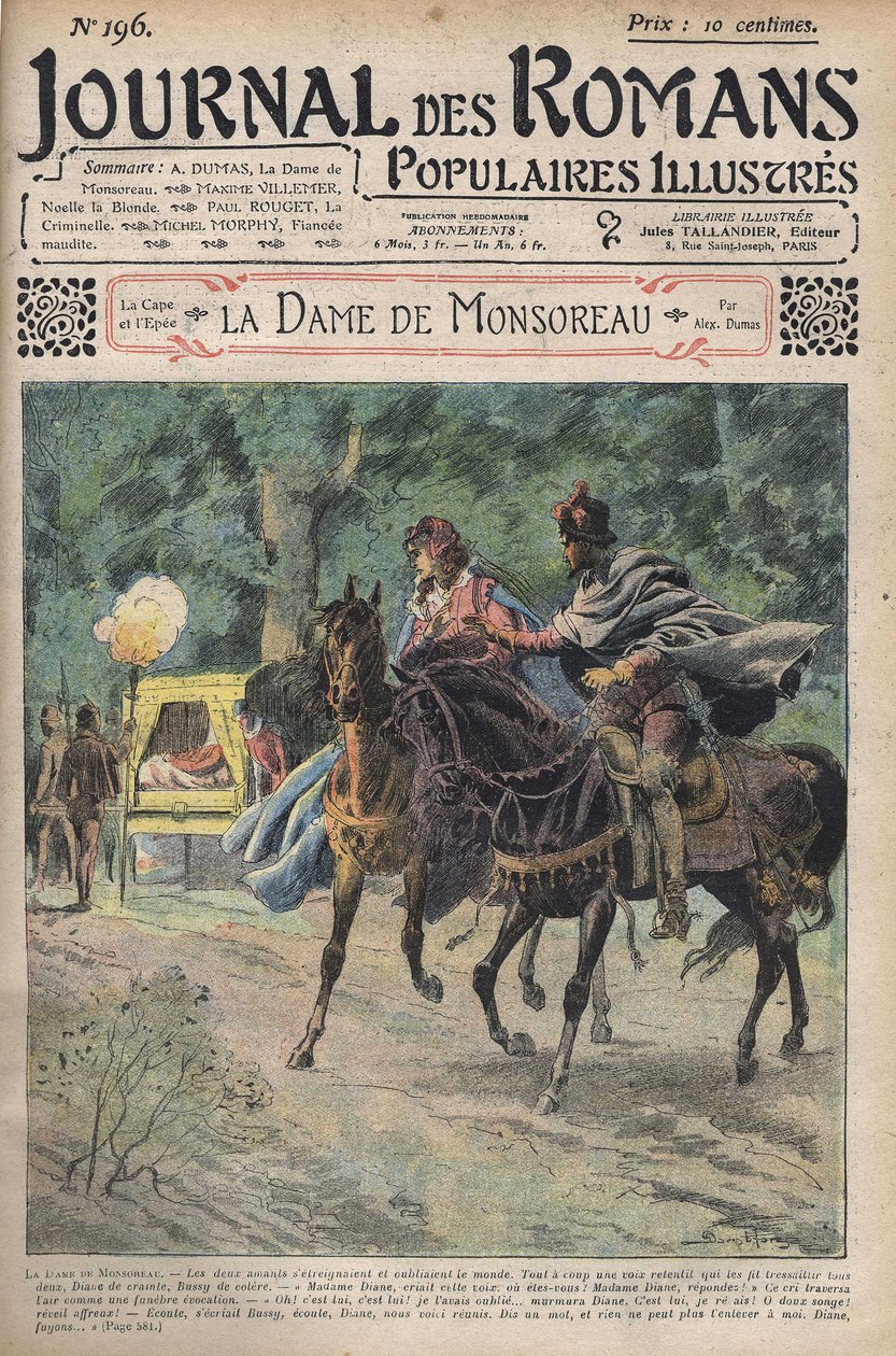 Diane ringde av sin man när hon red till häst med sin älskare Bussy. Illustration av romanen "" La Dame de Monsoreau" av Alexandre Dumas. I "" Journal of Illustrated Popular Novels ". av Unknown artist