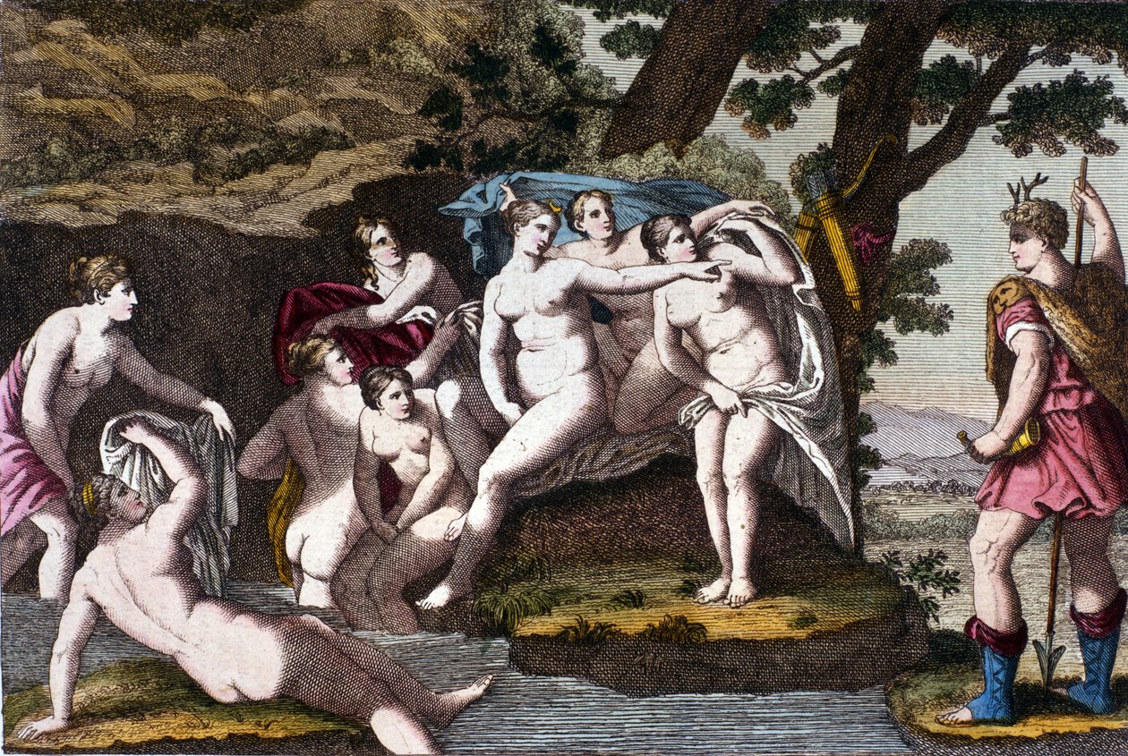 Diane fångad i badet av jägaren Acteon. Gravyr från "" Dizionario mitologico""" 1800-talet av Unknown artist