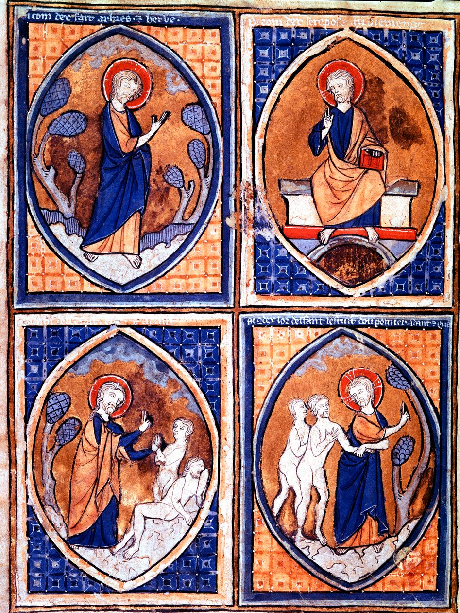 Olika stadier av världsskapandet representerade i mandorles. Miniatyr från ett 1200-talsmanuskript. Porto, kommunala biblioteket av Unknown artist