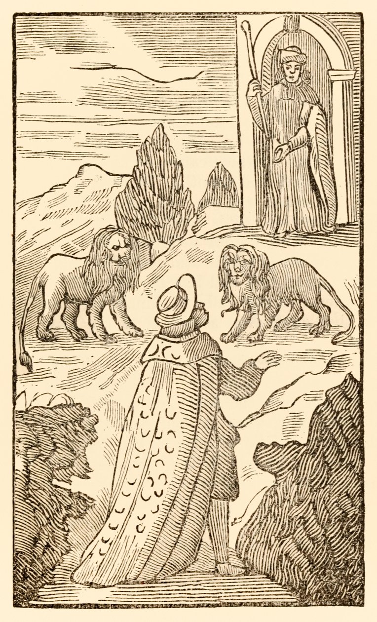 Svårigheter ligger bakom, rädsla är före från Pilgrimernas framsteg från denna värld, till det som ska komma av John Bunyan (1628-1688) Christian passerar mellan lejonen när portvakten vaksam ser på av Unknown