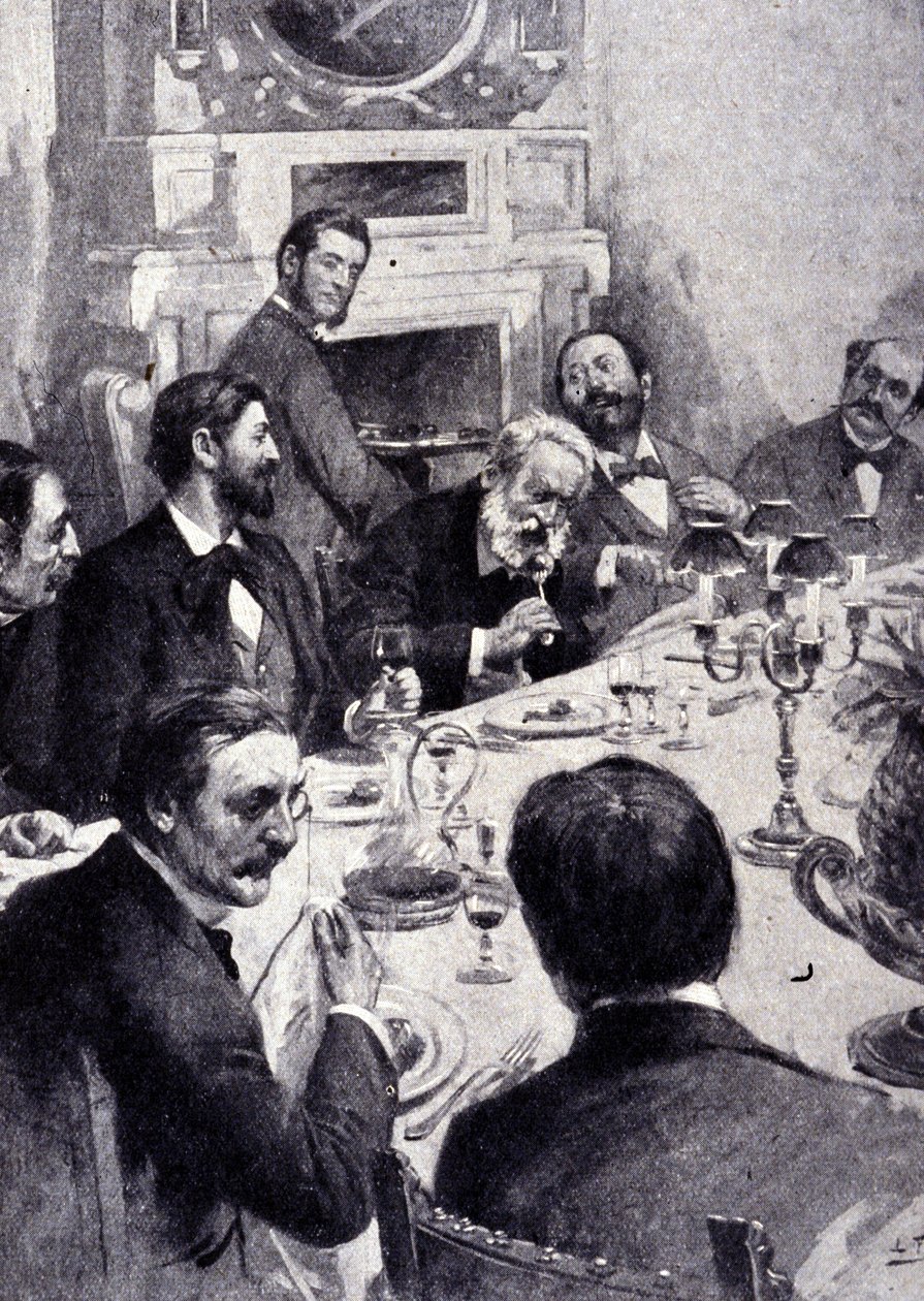 Middag vid bordet av Victor Hugo med Jean Mounet Sully (Mounet-Sully) (1841 - 1916), fransk skådespelare. Gravyr av 1800-talet. av Unknown artist