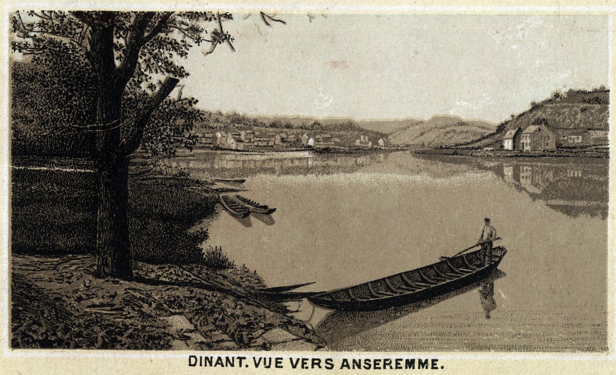Middag, utsikt mot Anseremme och floden Lesse, regionen Vallonien i Belgien. Kromolitografi från slutet av 1800-talet. av Unknown artist