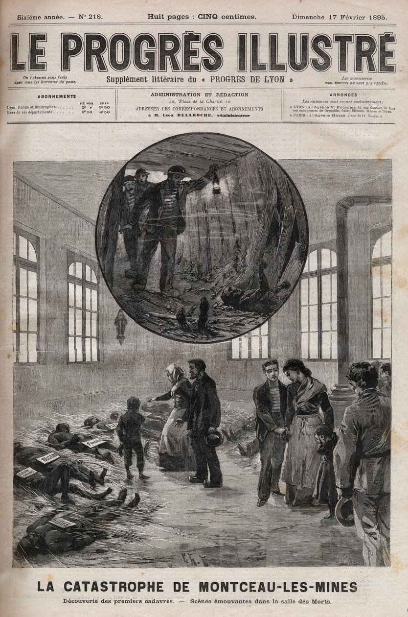 Katastrof i brunnen Sainte Eugenie eller katastrofen i Montceau les Mines (Montceau-les-Mines) i Bourgogne 1895 - gravyr i "Le Progres illustrious" från 1895 av Unknown artist