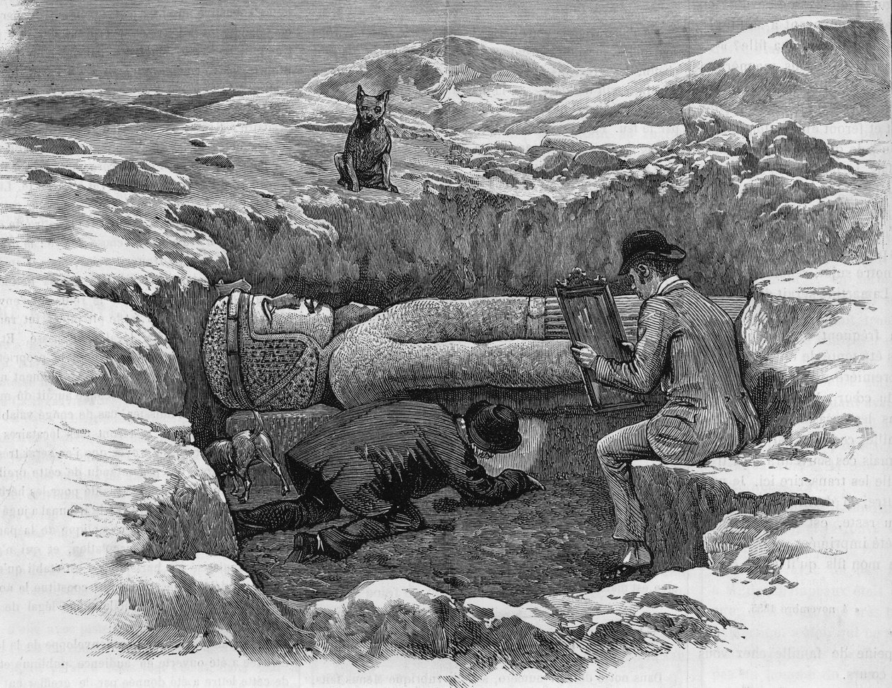 Upptäckte den kolossala statyn av Rhamses II. Hieroglyfer beräknas med hjälp av en spegelreflektion. Gravyr från 1886. av Unknown artist