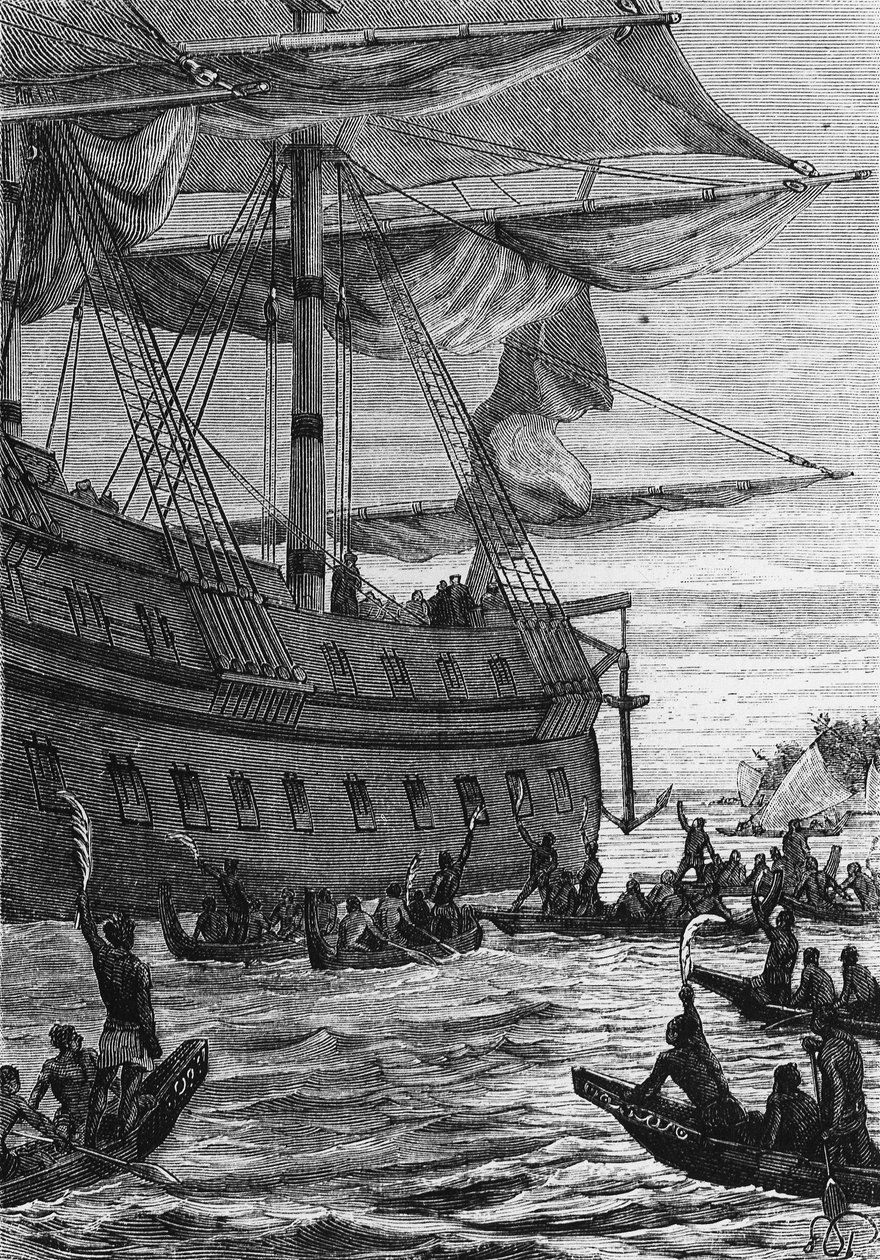 Discovery des Indes: Wallis resa i Stilla havet; Ursprungsbefolkningen kommer att träffa kolonerna - i "" Les Voyageurs du 18eme et 19eme ecle", av Jules Verne, red. Hetzel et Cie, Paris. av Unknown artist