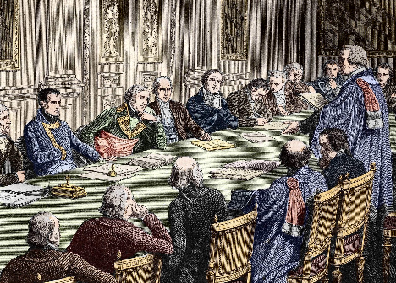 Diskussion om civillagen i statsrådet (1800-1804), under ordförandeskapet av den förste konsuln, Napoleon Bonaparte har sin vänstra Jean Jacques Regis de Cambaceres. Gravyr av 1800-talet. av Unknown artist