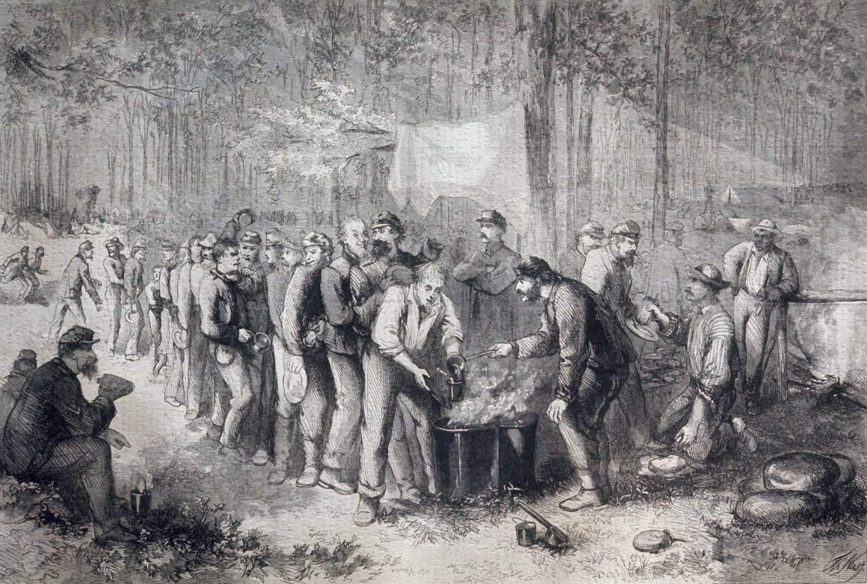 Utdelning av ransoner till nordamerikansk militärenhet, USA, amerikanska inbördeskriget, gravyr av Unknown artist