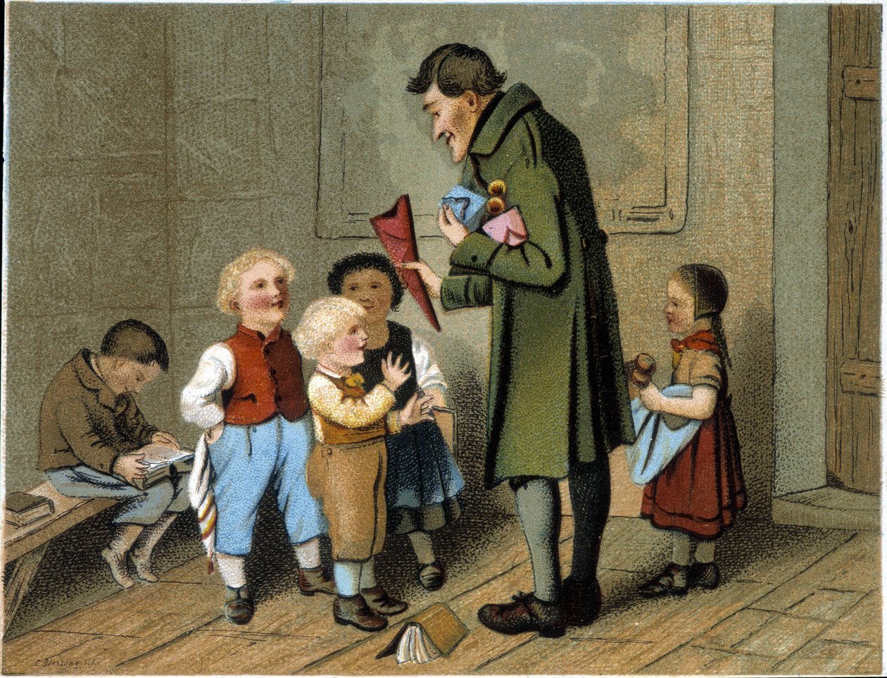 Utdelning av priser i skolan - kromolitografi, sent 1800-tal av Unknown artist
