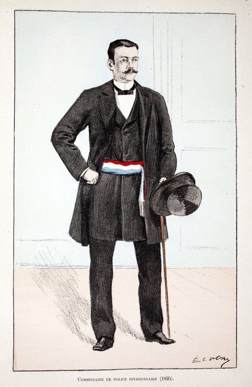 avdelningspolischef (1896). Etsning i färger, för illustration "" History of the Corps of Peacekeepers""" bok publicerad under beskydd av Louis Lepine (1846-1933), prefekt för polisen på Seine, av Alfred Rey (1864-?) och Louis Iron av Unknown artist