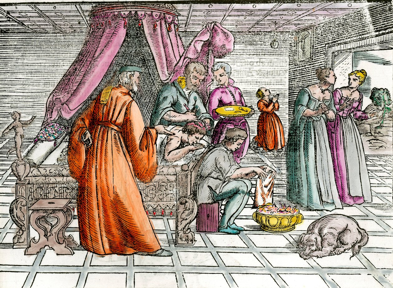 Läkare: "" En trepanation""" En kirurg opererar sin patients skalle. Gravyr av 1500-talets privatsamling av Unknown artist