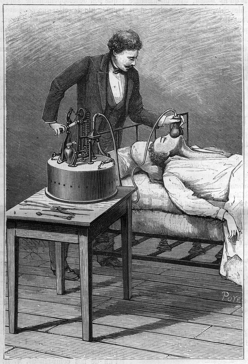 Doktor Dubois apparat för anestesi med titeln blandningar av kloroform och luft (Metod av Paul Bert). Gravyr från 1885. av Unknown artist