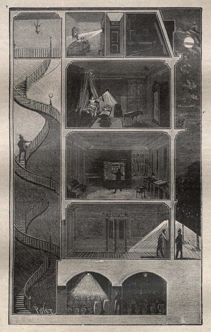 Hushållselektricitet: Tvärsnitt av en byggnad utrustad med elektricitet - Gravyr från "La Science francaise"" av Unknown artist