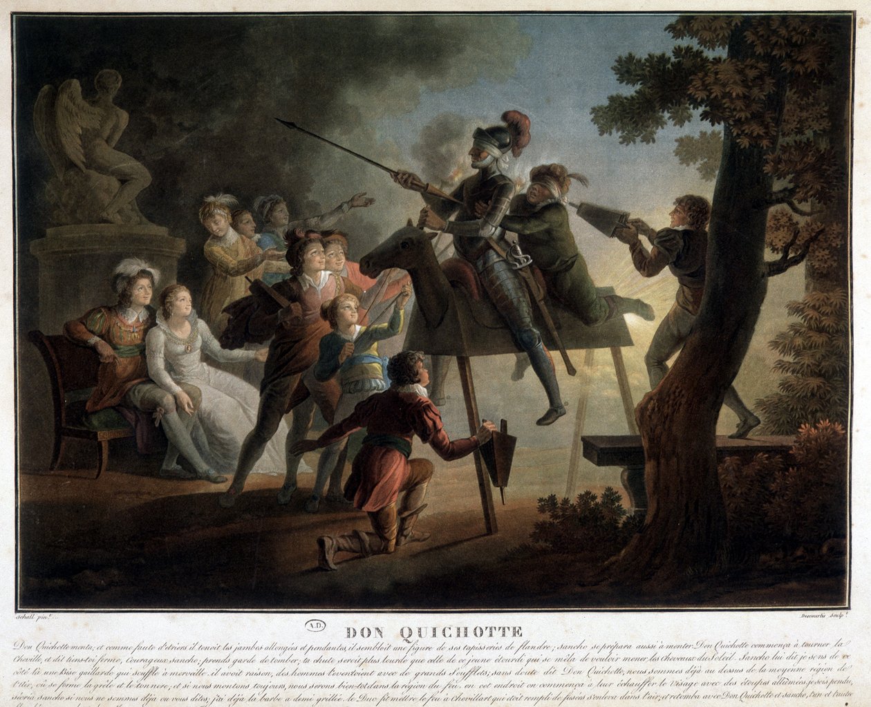 Don Quijote och Sancho på en trähäst. av Unknown artist