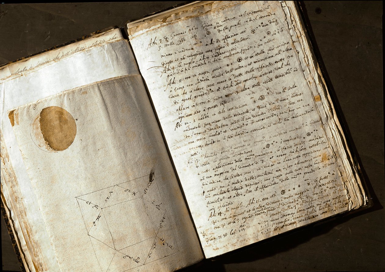 Dubbelsida av "Medicea Stars" eller Pianeti Medicei (Planetes mediceennes), manuskript av den italienske astronomen och fysikern Galileo Galilei dit Galilee (1564-1642) skrivet för Cosimo de Medicis (Cosimo II de Medici) där han avslöjar sin upptäckt av Unknown artist