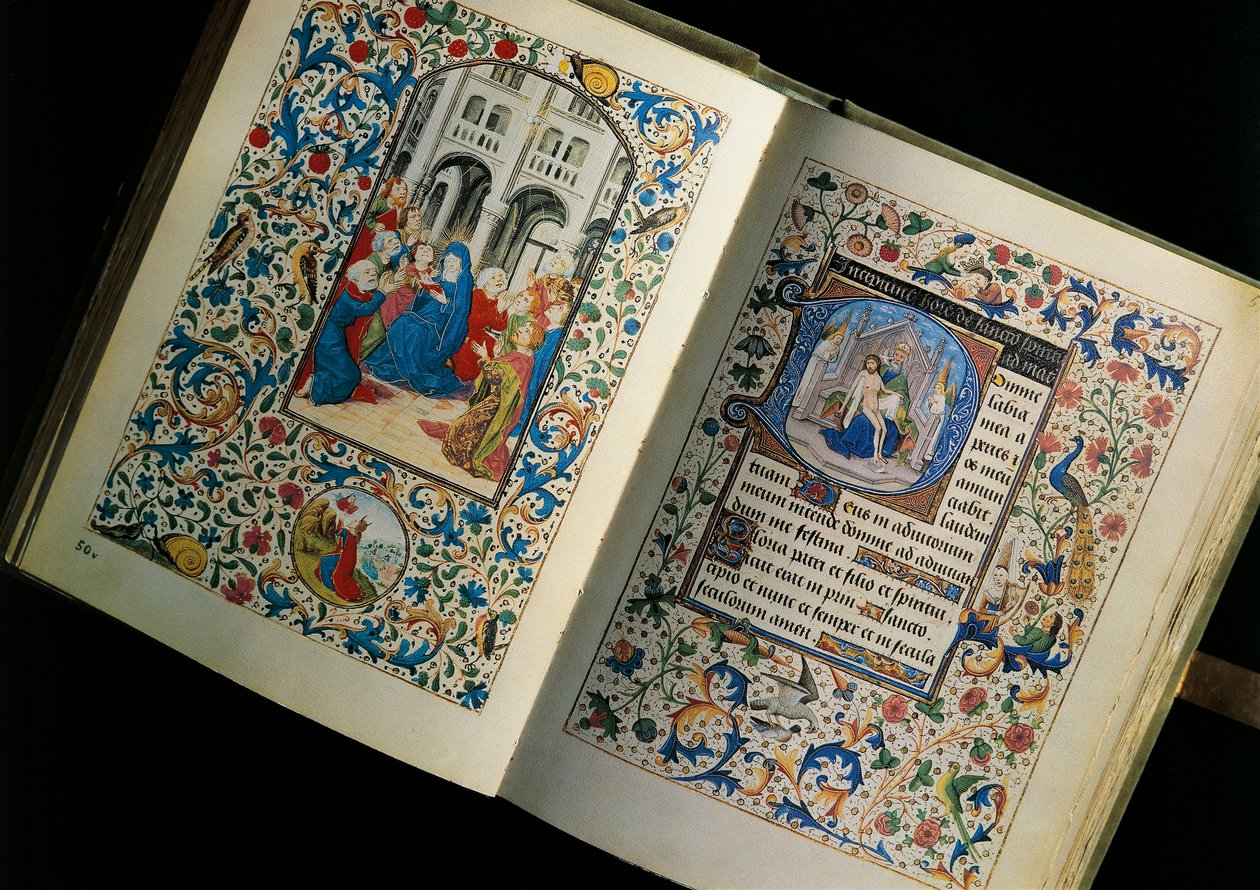 Dubbelsida av ett öppet manuskript (bok): den Helige Andes nedstigning. Miniatyr efter Breviary of Mary of Burgundy av Unknown artist