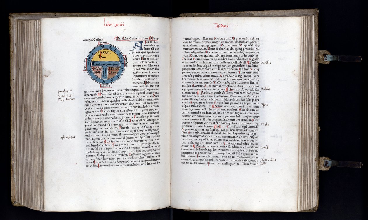 Dubbelsida med den schematiska kartan över världen på T-O (TO) modellen, tre kontinenter är representerade (Asien, Afrika och Europa). Manuskript "" Ethymologies"" (Etymologiae) av Isidorus (Isidore av sevilla) (560/570-636) 1100-talet. 1472 av Unknown artist