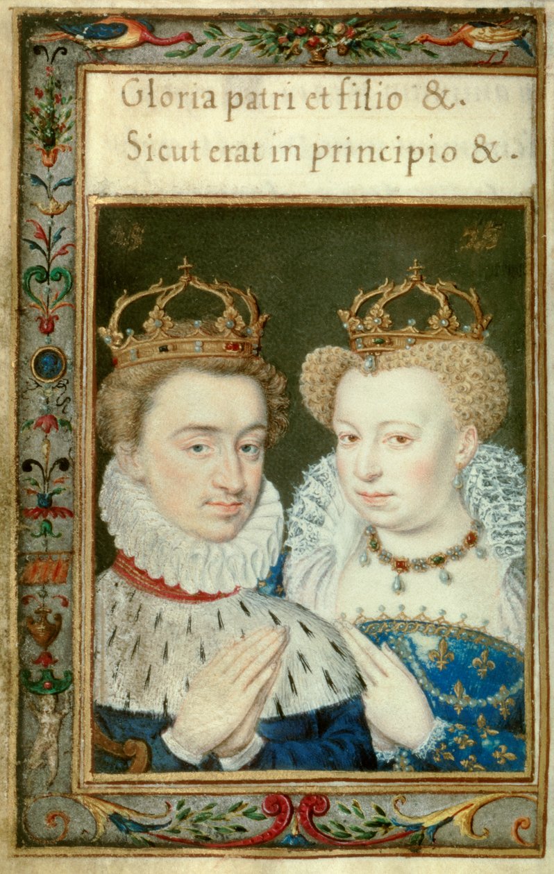 Dubbelporträtt av Henrik IV, kung av Frankrike (1553-1610) och Marguerite de Valois (1553 - 1615) känd som drottning Margot. Miniatyr från timmarnas bok av Catherine de Medicis (Caterina de Medici) av Unknown artist