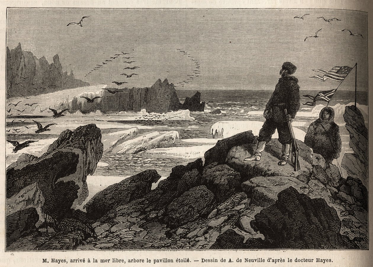 Dr Hayes, anländer till det fria havet av den arktiska polen, syftet med sin expedition, planterar den amerikanska stjärnbanern. Gravyr för att illustrera resan till den arktiska polens fria hav, av doktor Hayes, kirurg vid den amerikanska flottan, 1860-18 av Unknown artist