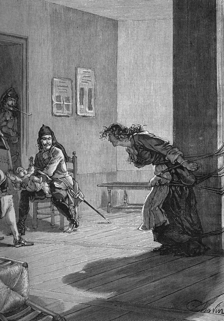 Dragonnades (1685-1686) - tortyr av en protestantisk familj: kungens soldater, drakar, som håller ett barn medan hennes mamma är fäst vid en påle. Gravyr av 1800-talet. I "Histoire de France" av Jules Michelet av Unknown artist