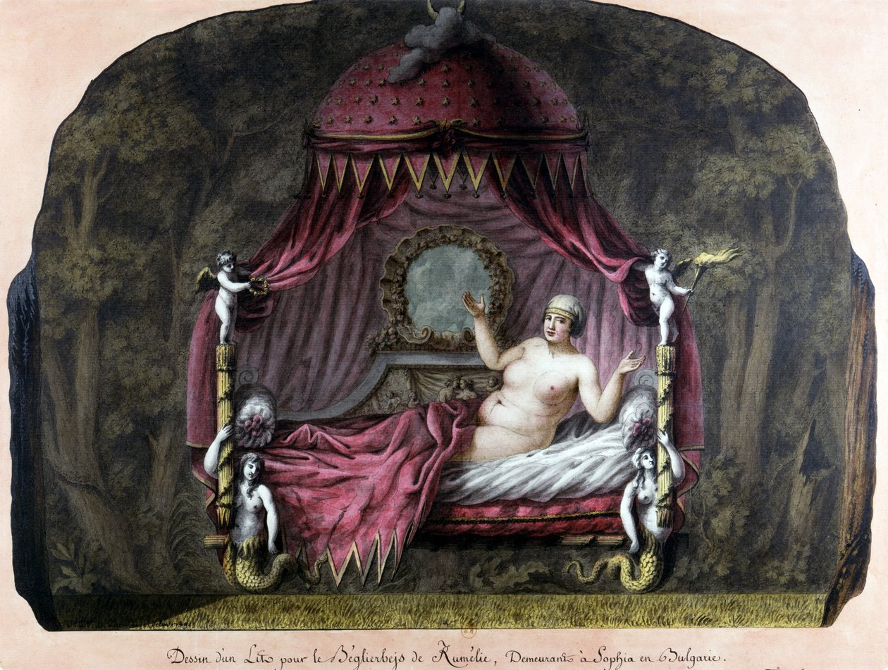 Ritning av en säng för bey di Roumelie, bosatt i Sophia, Bulgarien. En naken kvinna bjuder in henne att gå med henne. J. J. Lepreu. av Unknown artist
