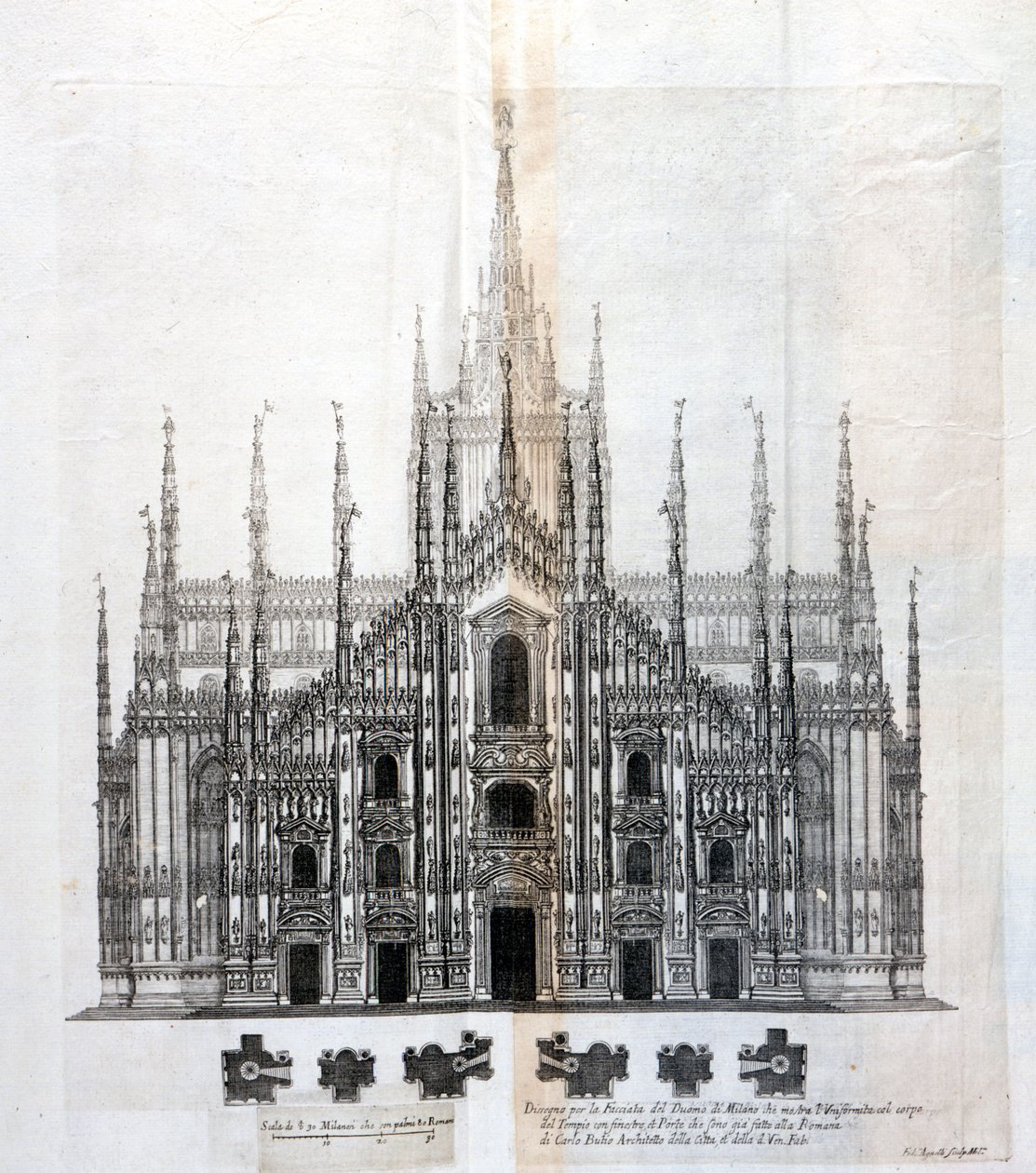 Ritning av fasaden på Duomo i Milano som visar dess enhetlighet med byggnadens kropp. Många arkitektoniska projekt ritades runt 1600-talet för att fullborda fasaden som hade förblivit ofullbordad. av Unknown artist