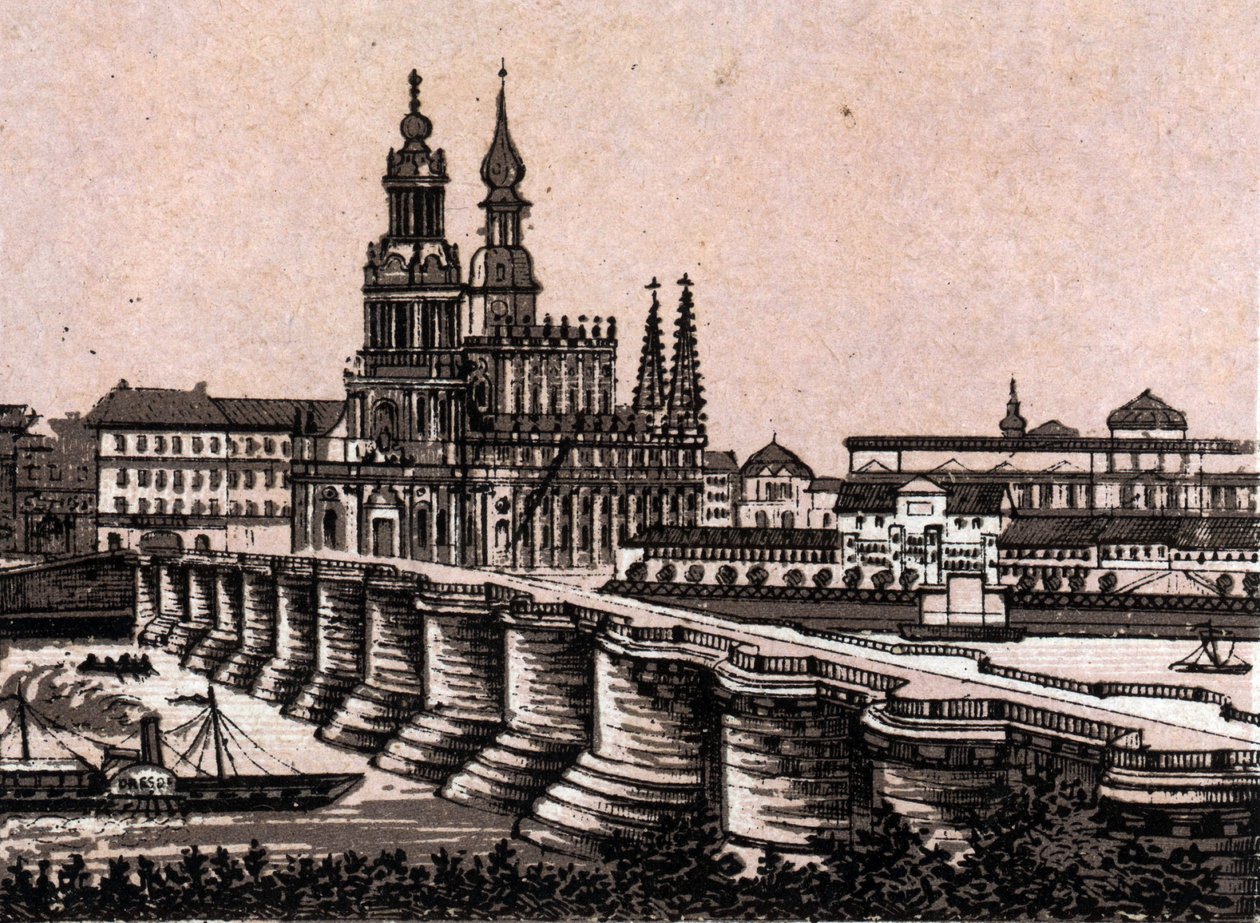 Dresden, Tyskland: utsikt över Augustus-bron i Dresden. i "" Världen illustrerar 168 vyer"" Odaterat (slutet av 1800-talet) av Unknown artist