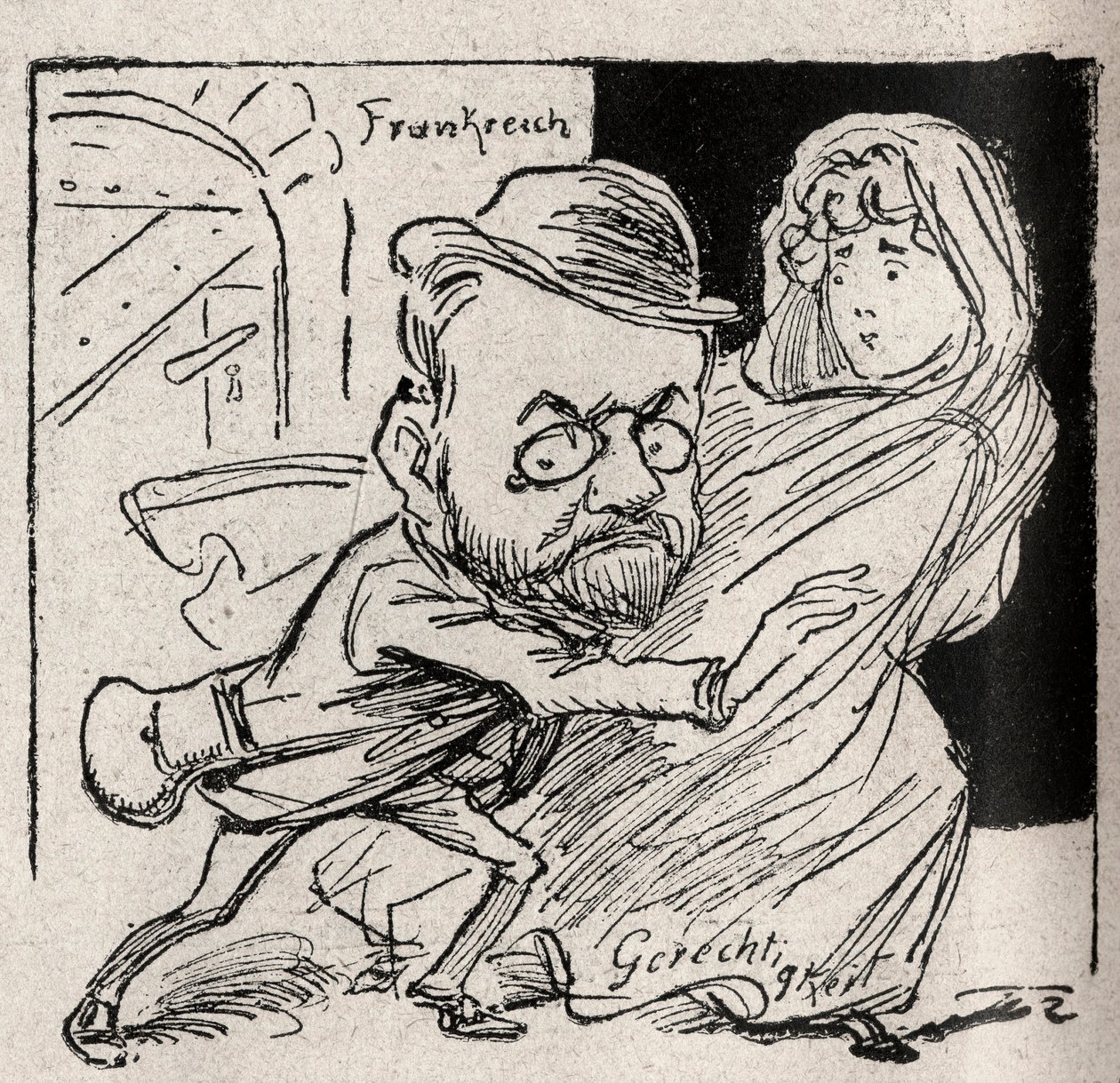 Dreyfus-affären - Emile Zola har rättvisa: kom med mig, min skattmästare, här vill vi inte längre höra oss - Teckning publicerad i den österrikiska tidningen "Der Floh"" 1898 (återgiven i Le Rire av Unknown artist