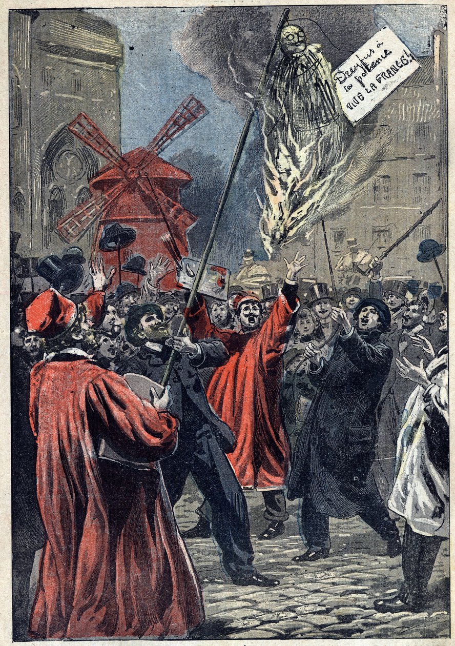 Fallet Dreyfus - Paris - 1898: antisemitmanisfestation i Montmartre. En bild av Martin Dreyfus, Alfreds bror, är brulee på torget, med en skylt hängande på hans hals: ”Dreyfus har galgen. Länge leve Frankrike!" Illustration i "" Le Pelerin"" av J av Unknown artist
