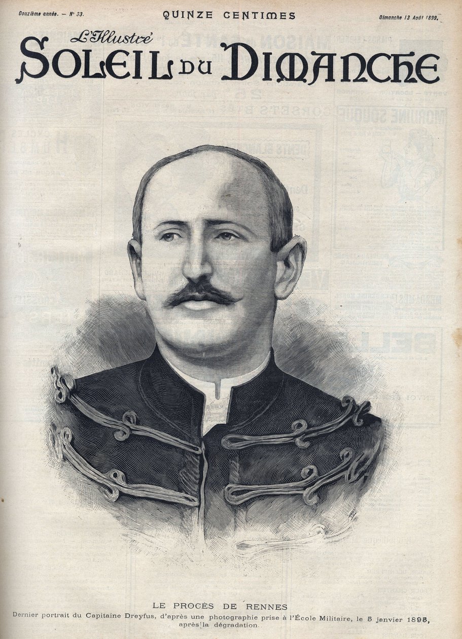 Fallet Dreyfus: porträtt av Alfred Dreyfus (1859-1935) efter hans degradering under Rennesrättegången. Gravyr i "" Le sun-du-dimanche"", 13 augusti av Unknown artist