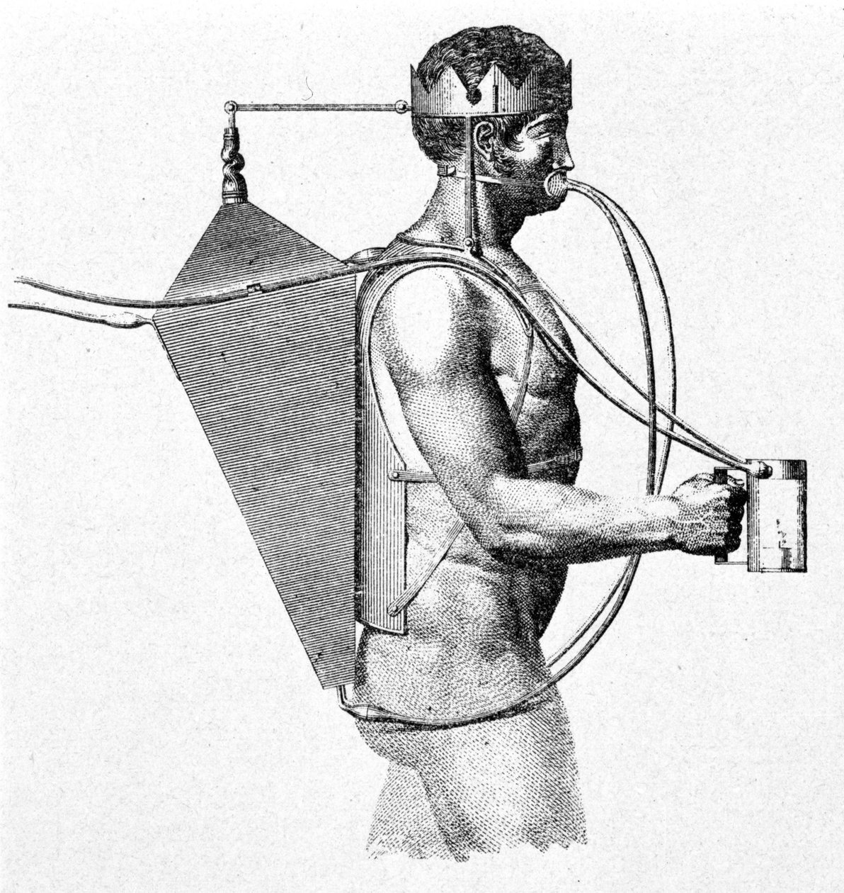 Driebergs scaphandre-projekt från 1802, känt som tritonen. Luften kommer rakt in i mannens mun. av Unknown artist