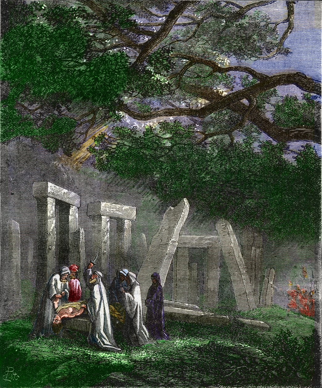 Druider som praktiserar ett människooffer vid Stonehenge stoppas av romerska soldater - Människooffer av druiderna en Stonehenge stannar av de romerska soldaterna under ritualen - Färgstick av 1800-talet av Unknown artist
