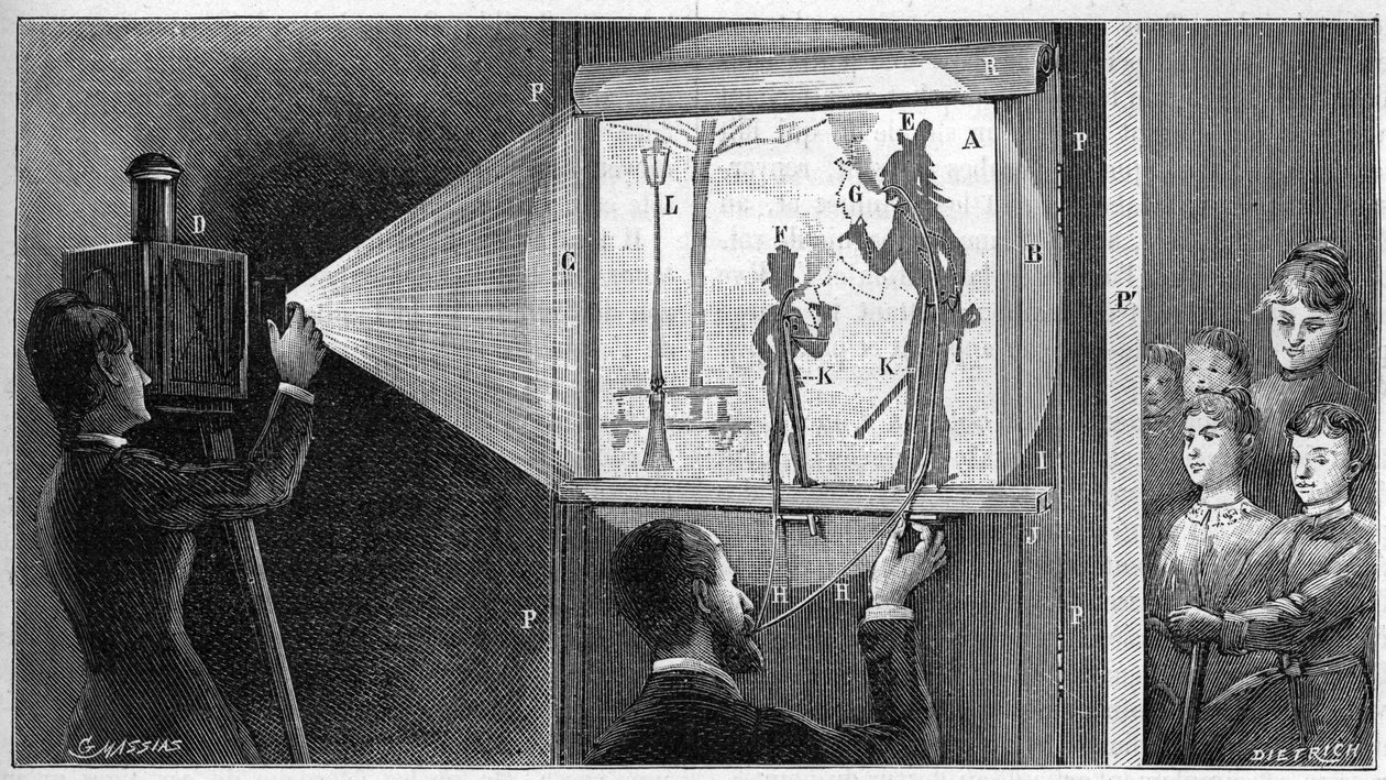 Du feu tack - bakom scenen på Shadbres-teatern - gravering i "" La nature"" från 1892. av Unknown artist