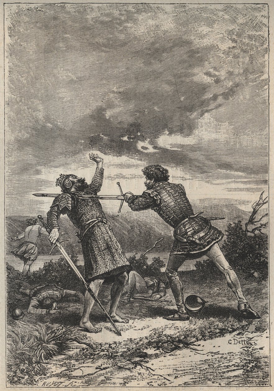 Duel and death of Oak Torquil - 1800-talsillustration för den historiska romanen "The Pretty Girl of Perth or Valentine