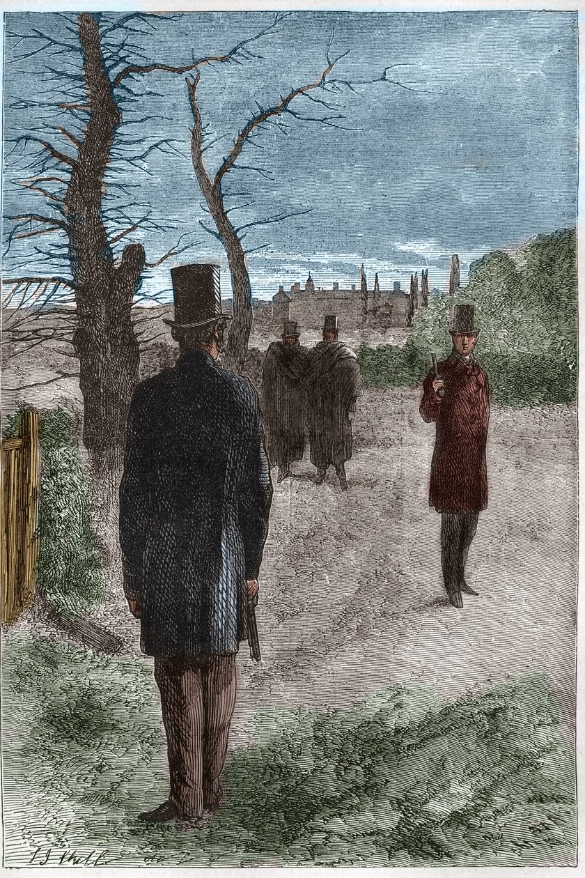 Duell mellan George William Finch-Hatton (Finch Hatton), Earl of Winchilsea (1791-1858) och Arthur Wellesley, hertig av Wellington (1769-1852) vid Battersea Fields, den 21 mars 1829 av Unknown artist