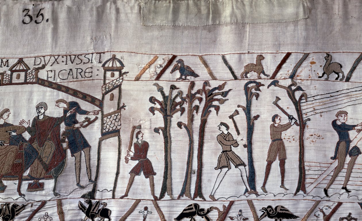 Hertig Guillaume beordrade byggandet av fartyg, träd höggs ner - Bayeux gobeläng, känd som Broderi av drottning Mathilde av Unknown artist