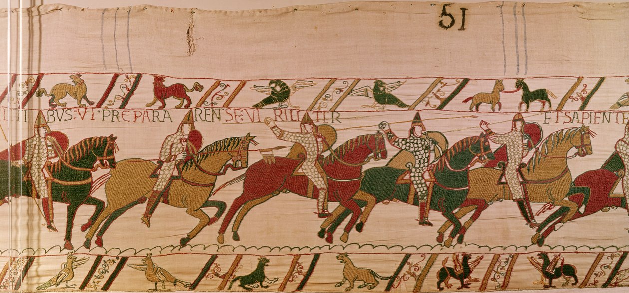 Hertig William uppmanar sina trupper att förbereda sig klokt som män för striden mot den engelska armén, Bayeux Tapestry (ullbroderi på linne) av Unknown artist