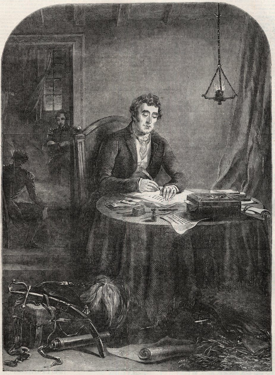 Duke of Wellington (Arthur Wellesley (1769-1852) Duke of Wellington) skriver utskick efter Waterloo, 19 juni 1815 - gravyr 1852 av Unknown artist