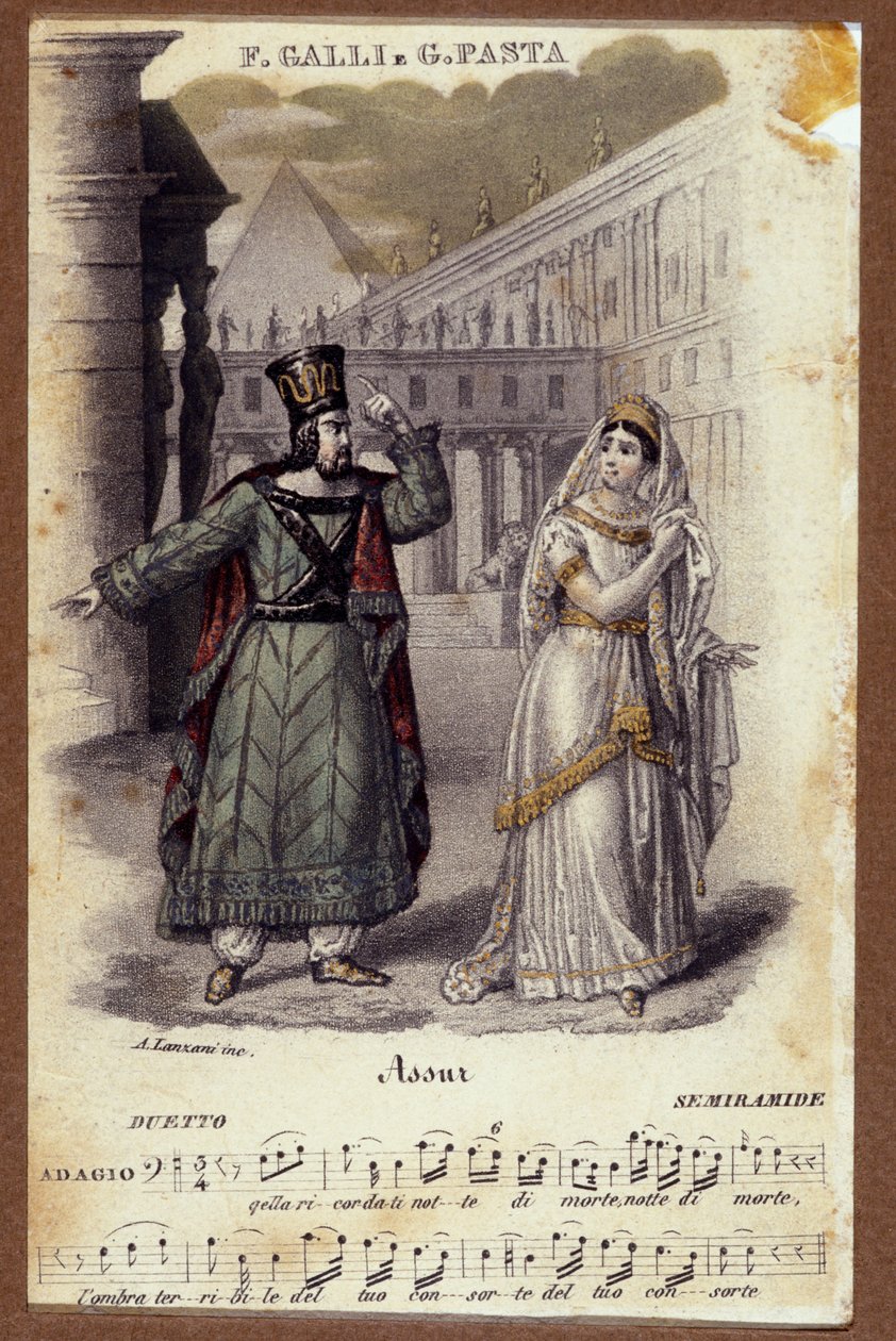 Duo mellan Giuditta Pasta och Filippo Galli i operan "Semiramide" "(Semiramis) av Gioachino Rossini (1792-1868) av Unknown artist